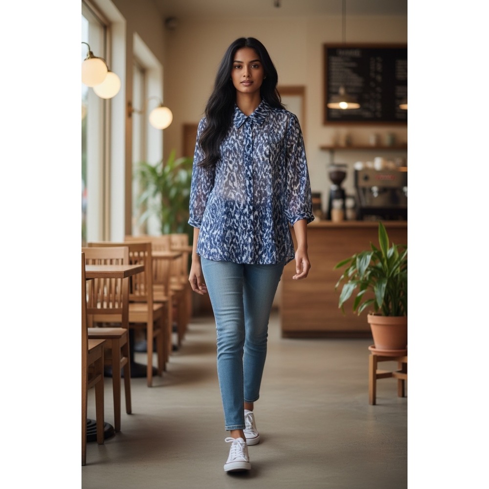 Chico's Size 2 L Blue Ikat Blouse Artsy Coastal Sheer Roll-Tab Shirt